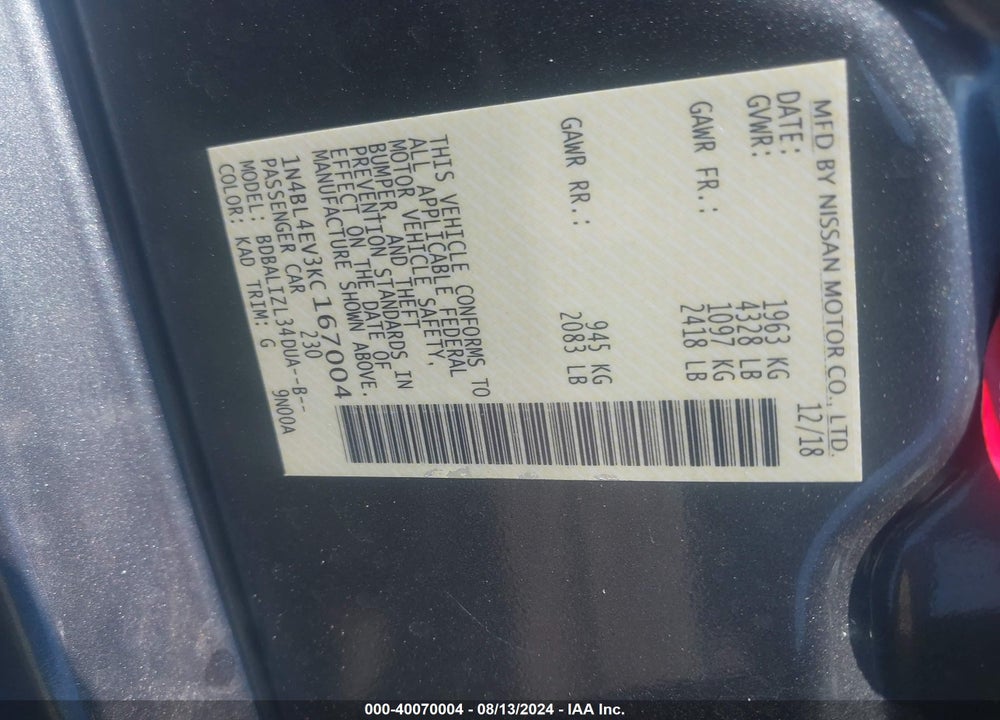 2019 NISSAN ALTIMA 2.5 SL VIN: 1N4BL4EV3KC167004