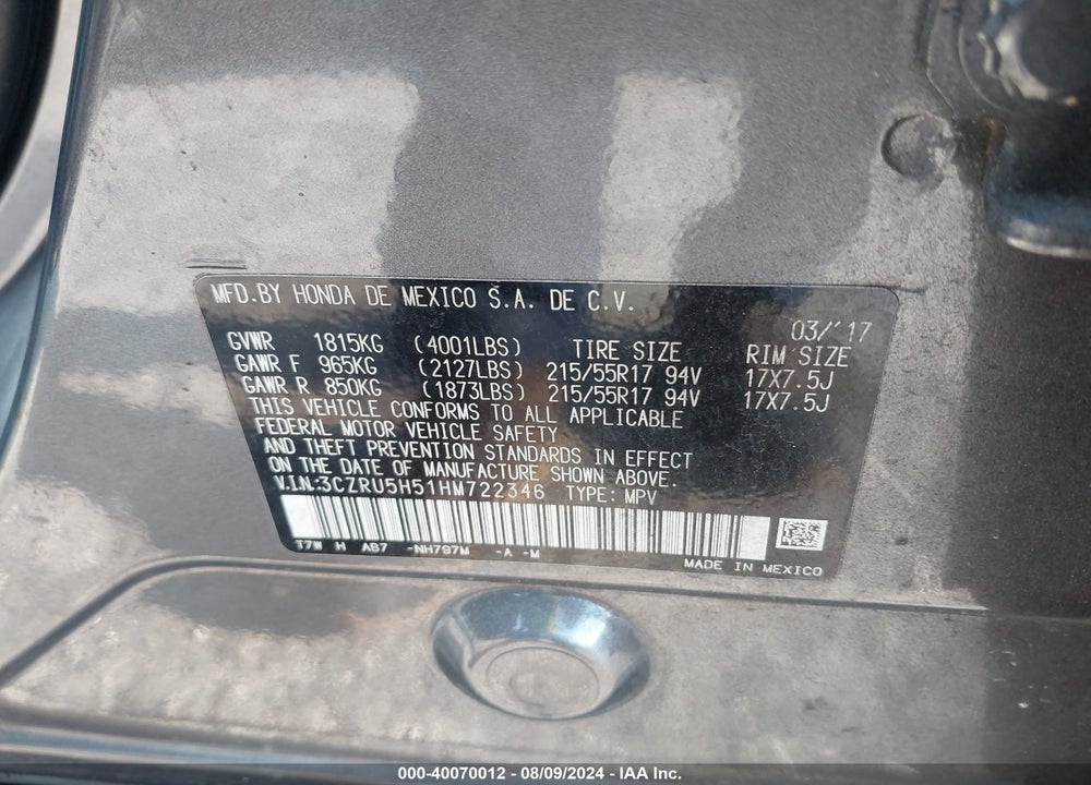 2017 HONDA HR-V EX VIN: 3CZRU5H51HM722346