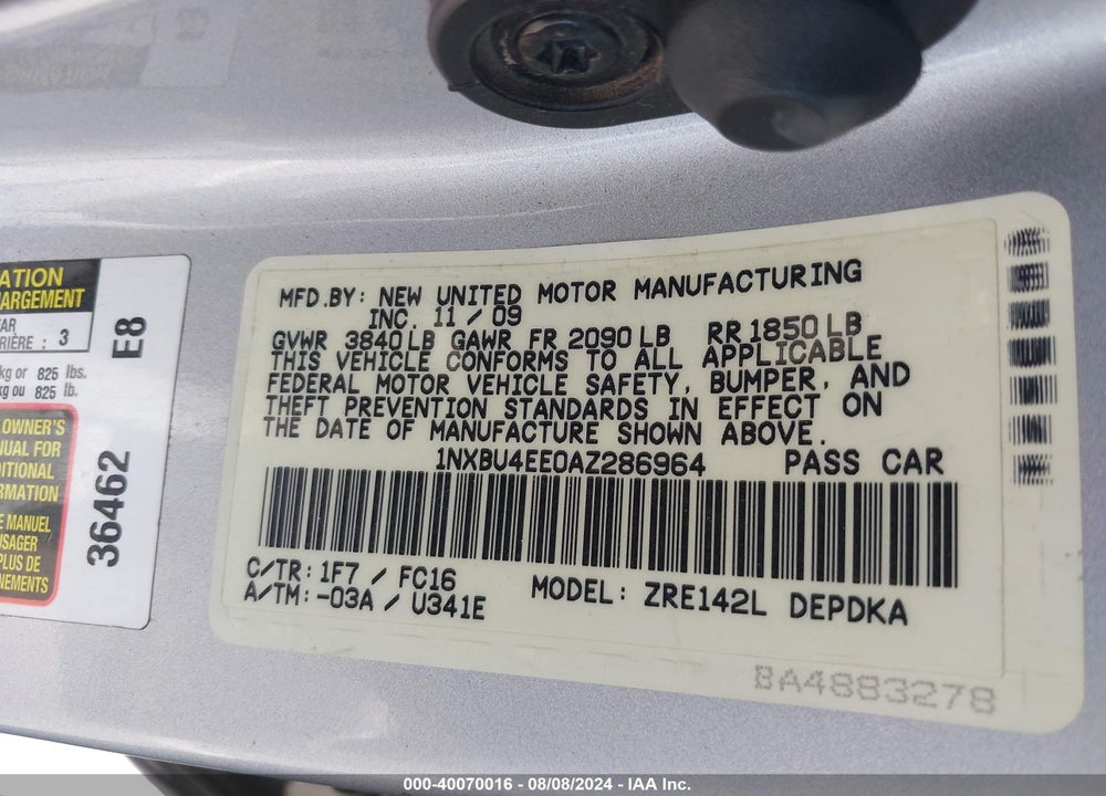 2010 TOYOTA COROLLA LE VIN: 1NXBU4EE0AZ286964
