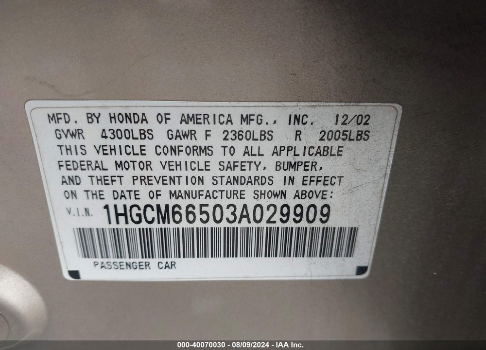 2003 HONDA ACCORD 3.0 EX VIN: 1HGCM66503A029909