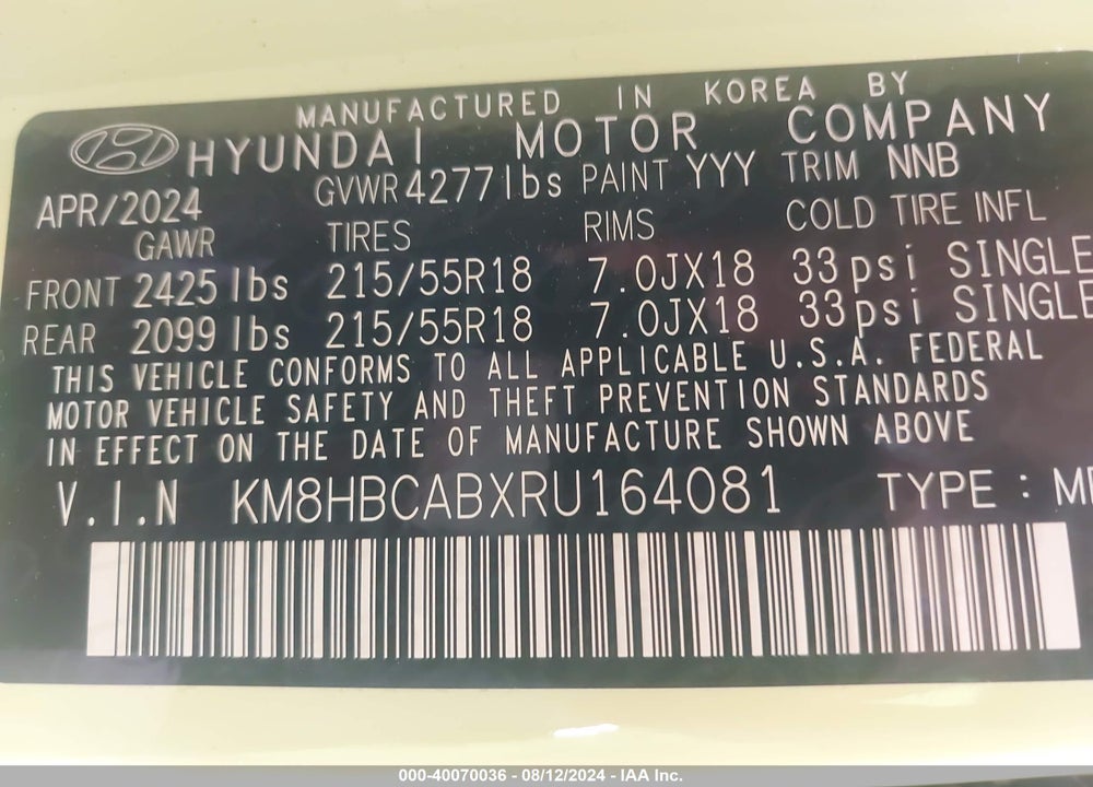 2024 HYUNDAI KONA SEL VIN: KM8HBCABXRU164081