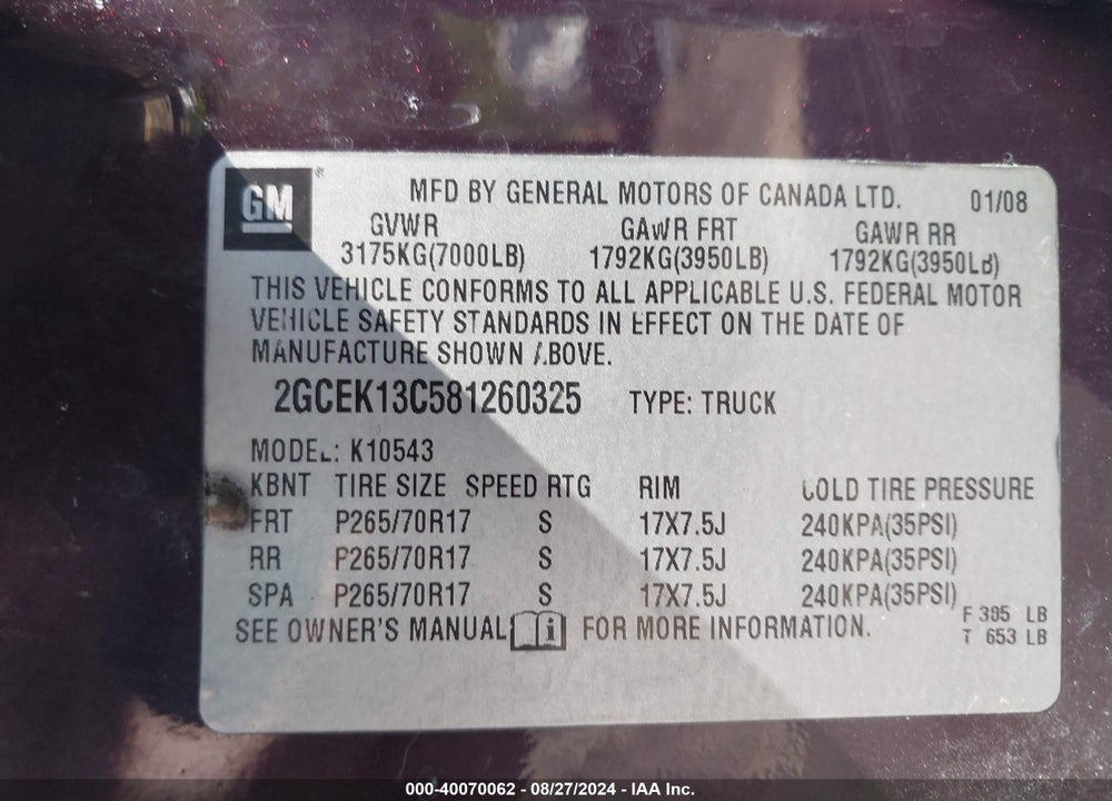2008 CHEVROLET SILVERADO 1500 LS VIN: 2GCEK13C581260325