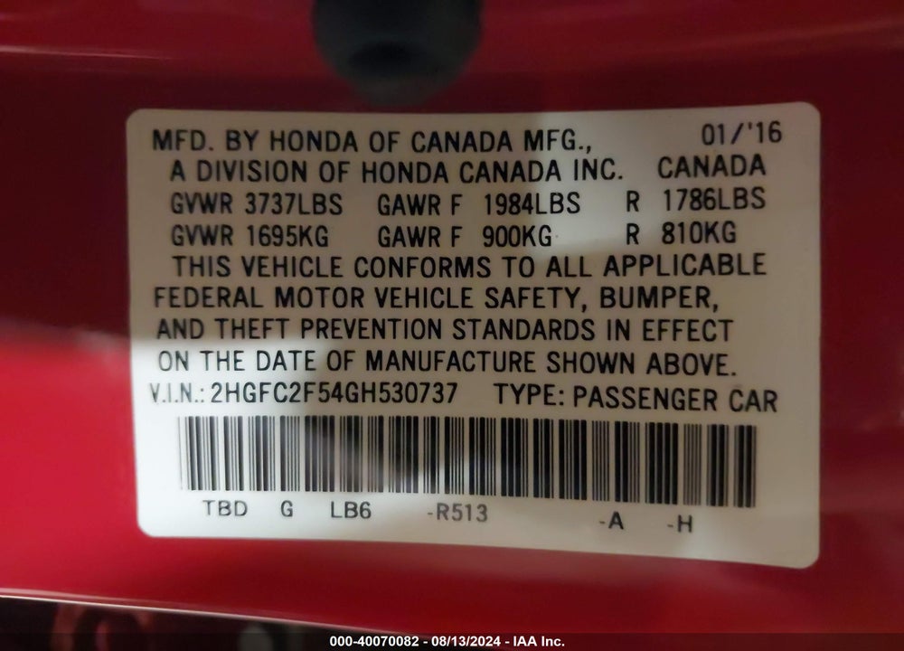 2016 HONDA CIVIC LX VIN: 2HGFC2F54GH530737