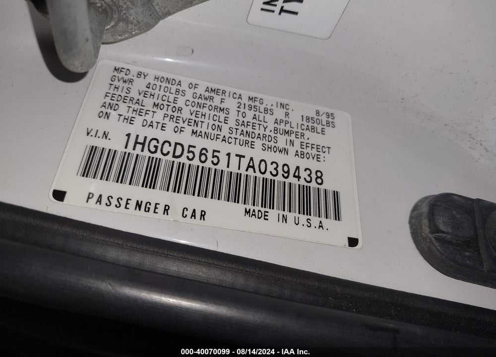 1996 HONDA ACCORD EX/EX-R VIN: 1HGCD5651TA039438