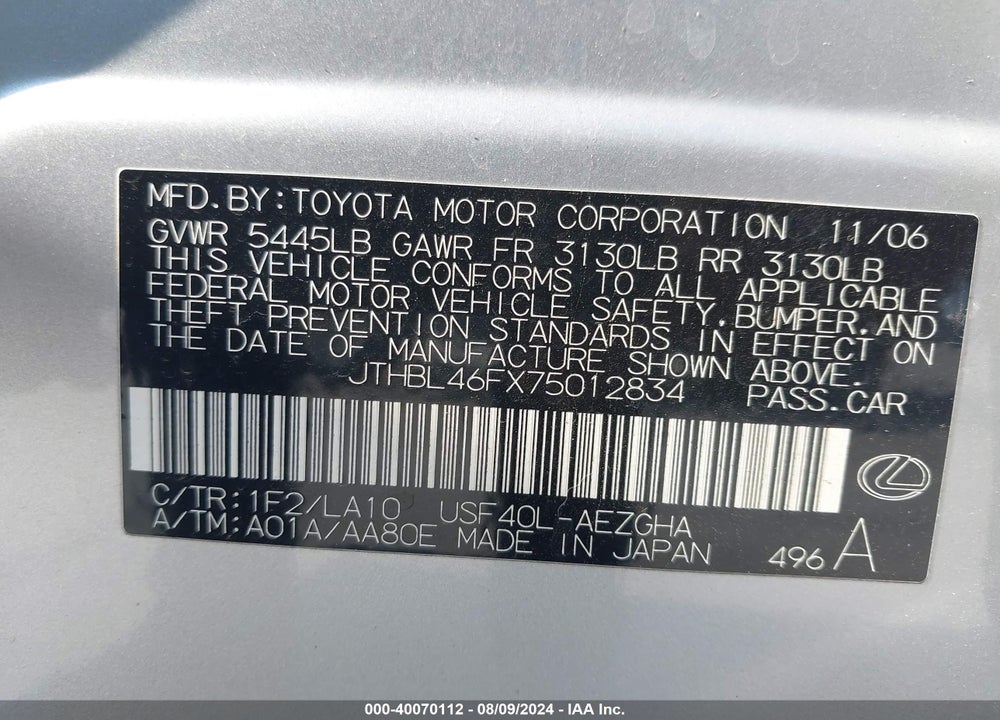 2007 LEXUS LS 460 VIN: JTHBL46FX75012834