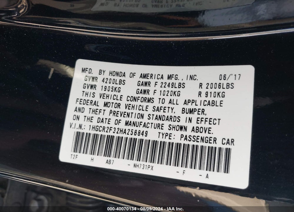 2017 HONDA ACCORD LX VIN: 1HGCR2F32HA258849