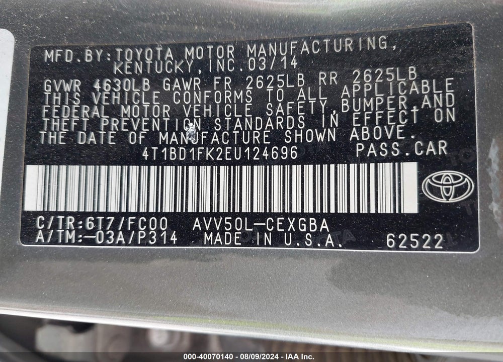 2014 TOYOTA CAMRY HYBRID XLE VIN: 4T1BD1FK2EU124696