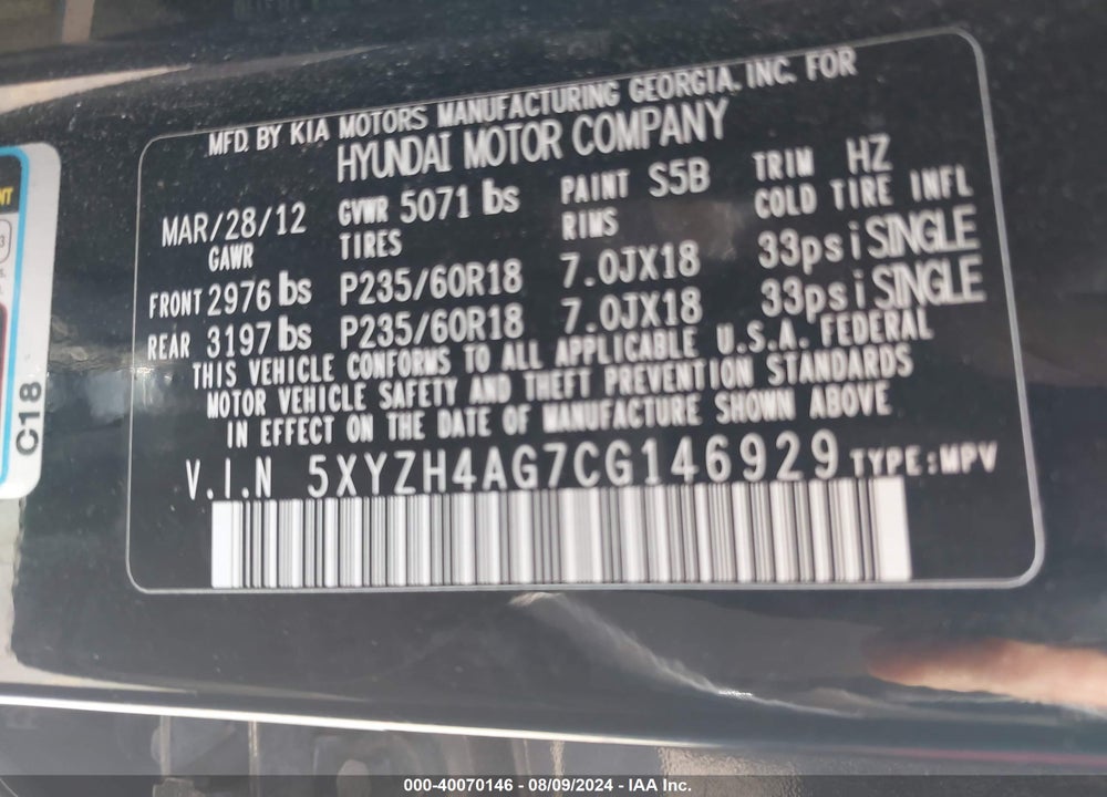 2012 HYUNDAI SANTA FE SE VIN: 5XYZH4AG7CG146929