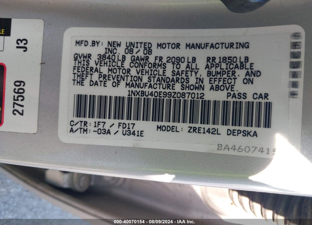 2009 TOYOTA COROLLA VIN: 1NXBU40E99Z087012