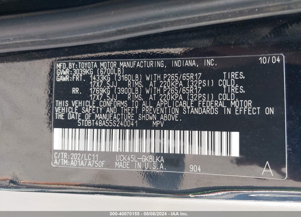 2005 TOYOTA SEQUOIA LIMITED V8 VIN: 5TDBT48A55S240041