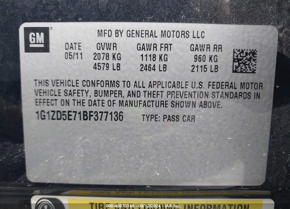 2011 CHEVROLET MALIBU 2LT VIN: 1G1ZD5E71BF377136