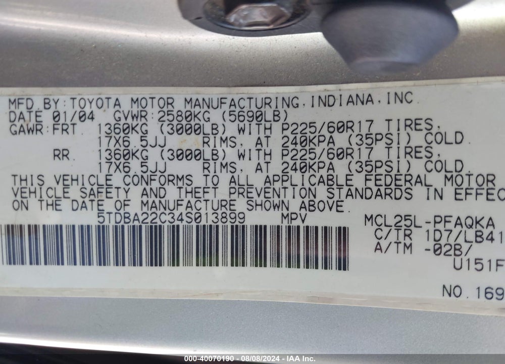 2004 TOYOTA SIENNA XLE LIMITED VIN: 5TDBA22C34S013899
