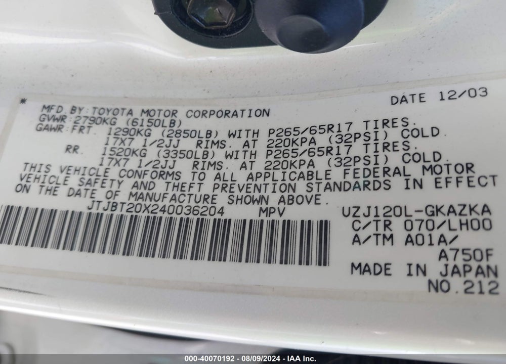 2004 LEXUS GX 470 VIN: JTJBT20X240036204