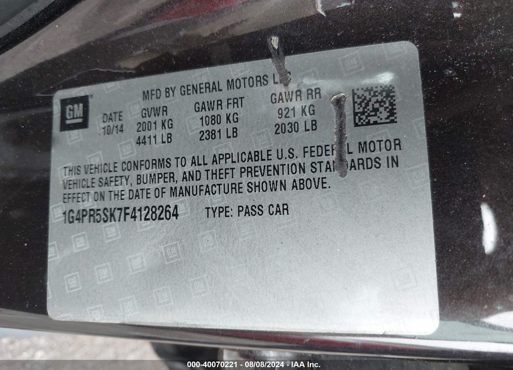 2015 BUICK VERANO CONVENIENCE GROUP VIN: 1G4PR5SK7F4128264