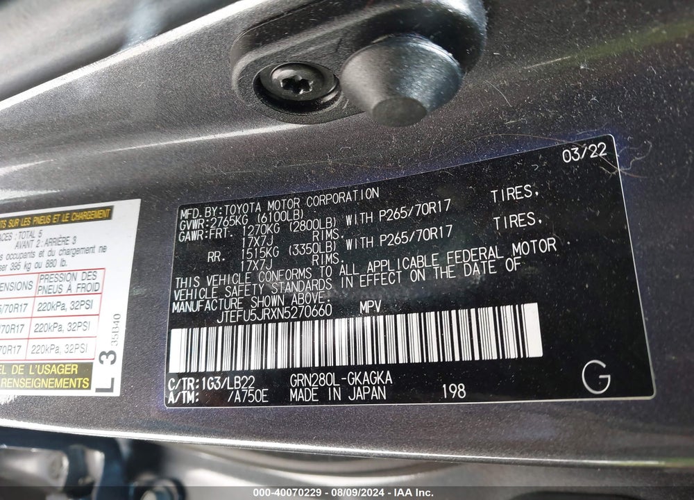2022 TOYOTA 4RUNNER SR5/TRD SPORT/TRAIL/SR5 PREMIUM/LIMITED VIN: JTEFU5JRXN5270660