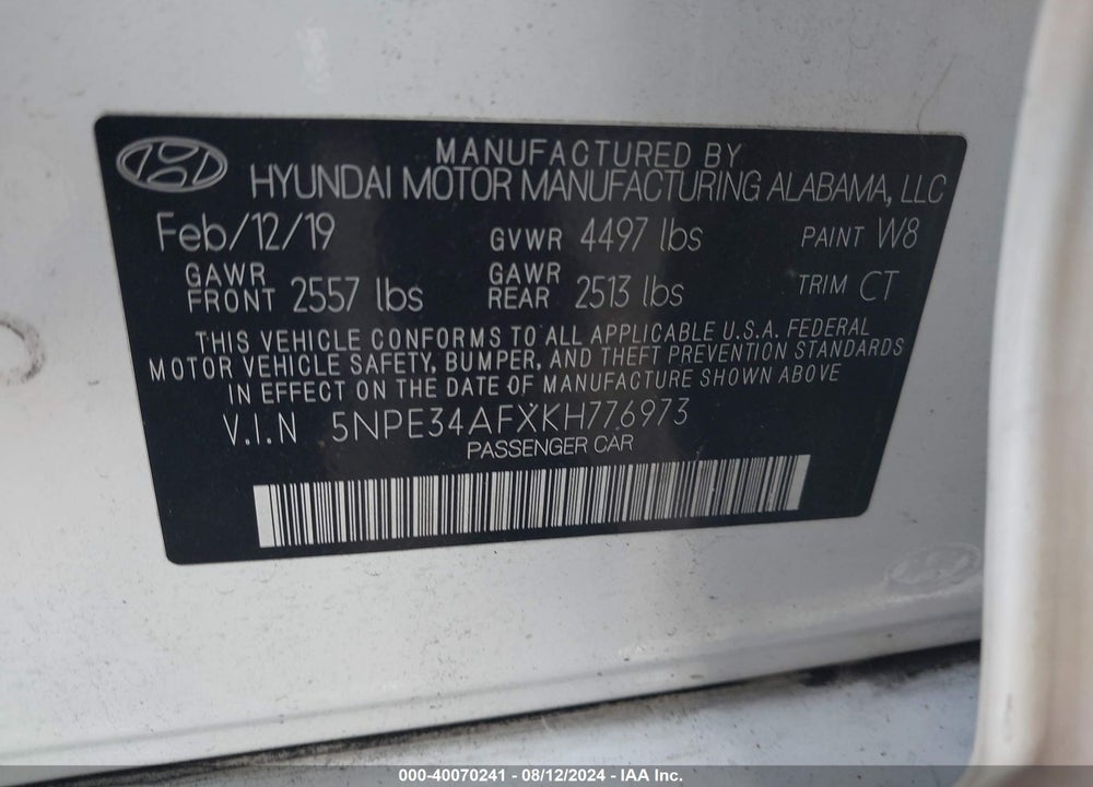 2019 HYUNDAI SONATA SEL VIN: 5NPE34AFXKH776973