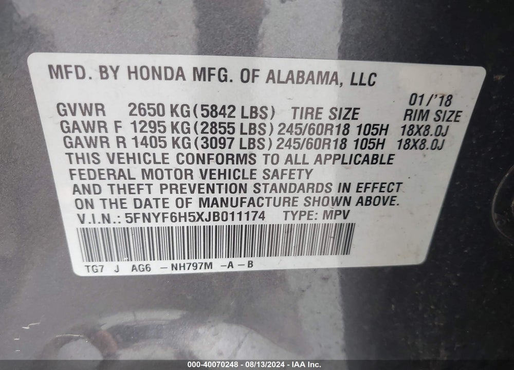 2018 HONDA PILOT EX-L VIN: 5FNYF6H5XJB011174