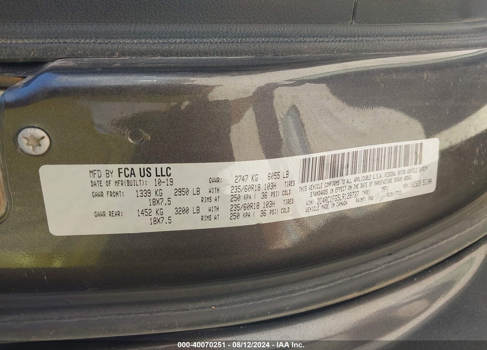 2020 CHRYSLER PACIFICA TOURING VIN: 2C4RC1FG5LR128737