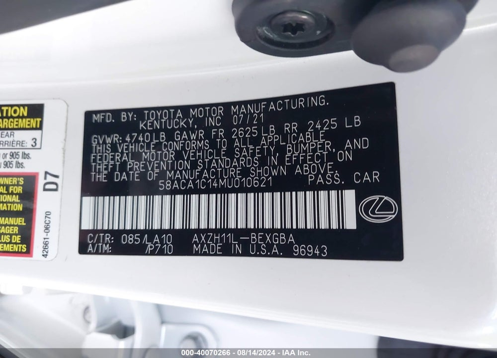 2021 LEXUS ES 300H VIN: 58ACA1C14MU010621