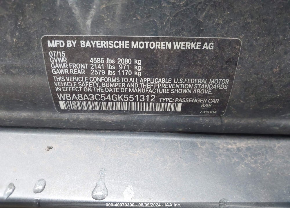 2016 BMW 320I XDRIVE VIN: WBA8A3C54GK551312