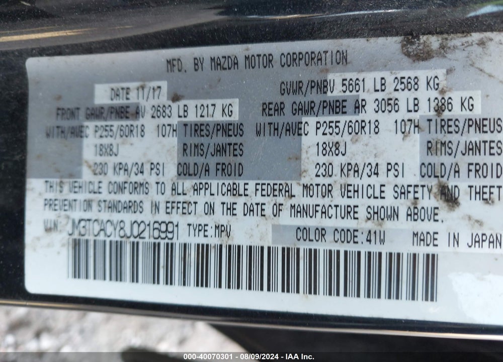 2018 MAZDA CX-9 VIN: JM3TCACY8J0216991