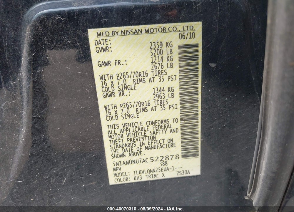2010 NISSAN XTERRA S/SE/X VIN: 5N1AN0NU7AC522878