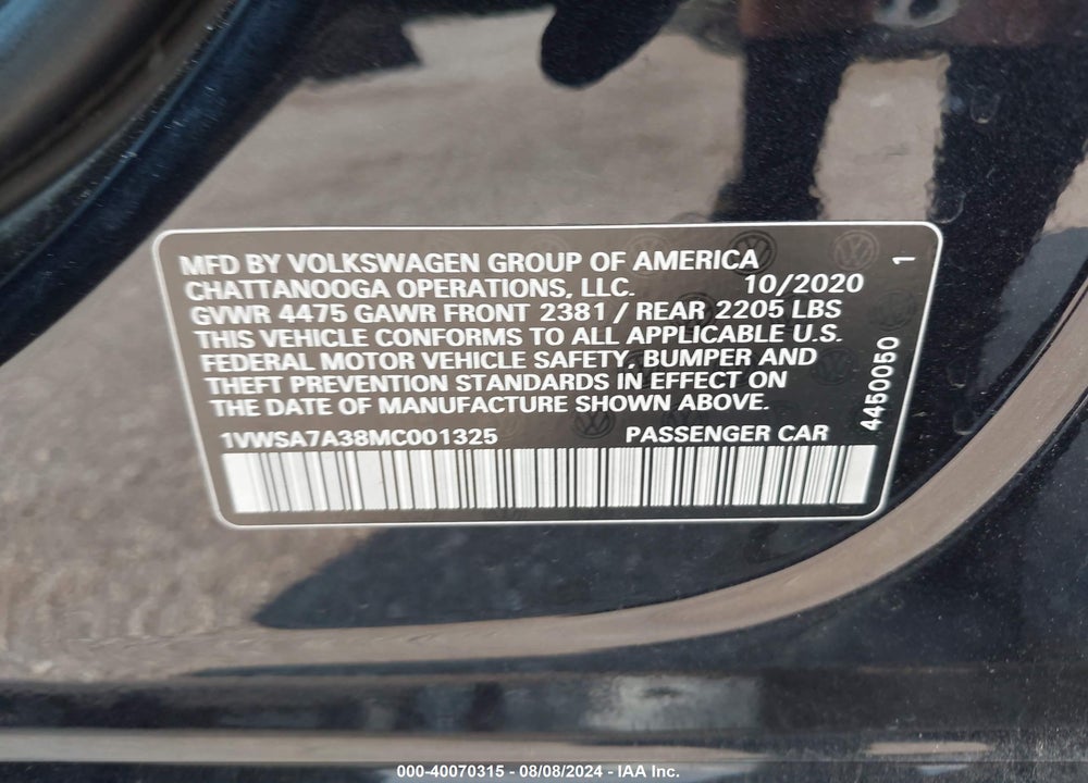 2021 VOLKSWAGEN PASSAT 2.0T SE VIN: 1VWSA7A38MC001325