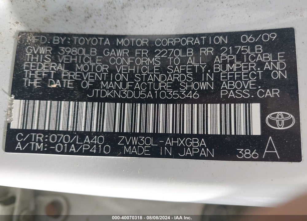 2010 TOYOTA PRIUS IV VIN: JTDKN3DU5A1035346