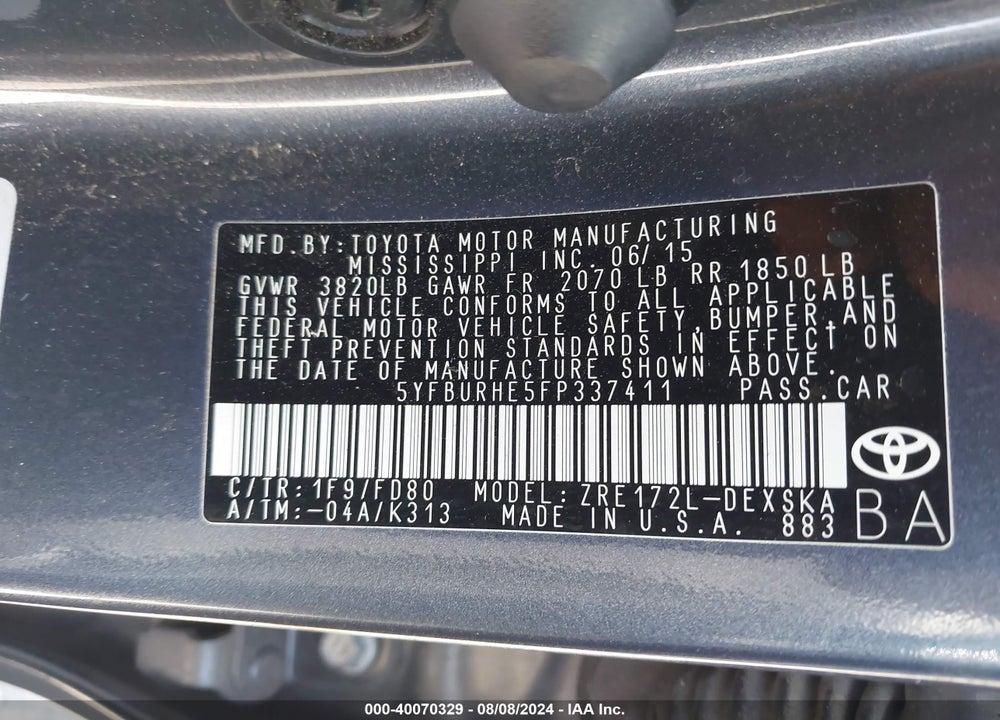 2015 TOYOTA COROLLA S PLUS VIN: 5YFBURHE5FP337411