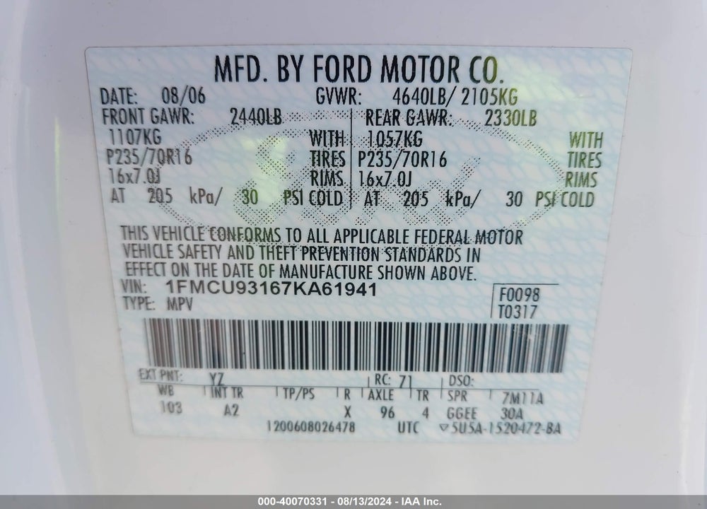 2007 FORD ESCAPE XLT/XLT SPORT VIN: 1FMCU93167KA61941