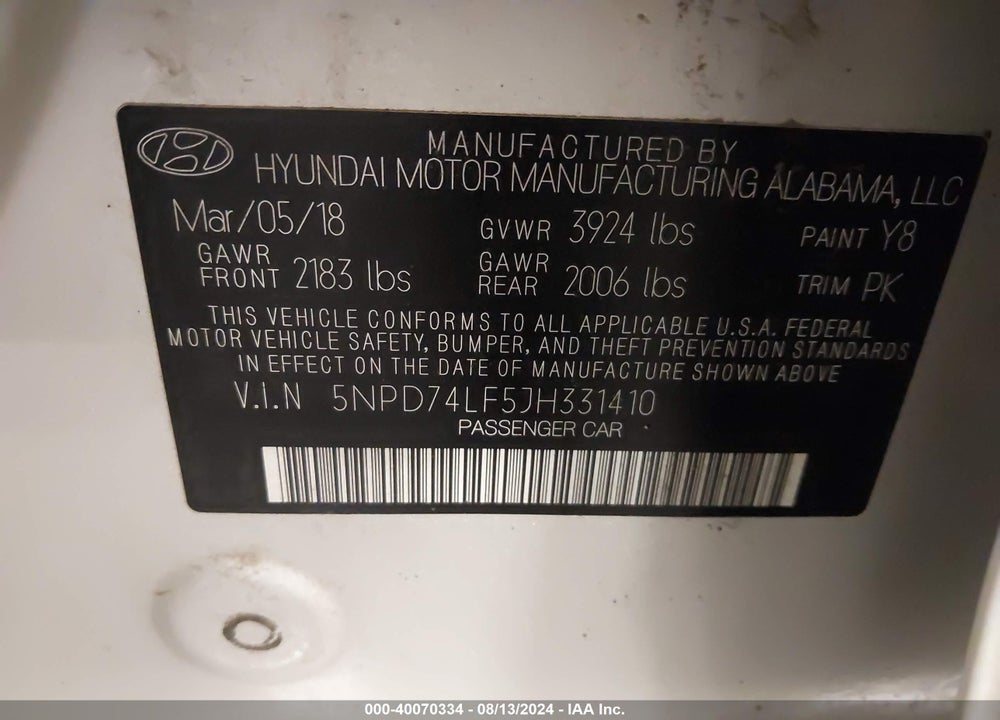 2018 HYUNDAI ELANTRA SE VIN: 5NPD74LF5JH331410