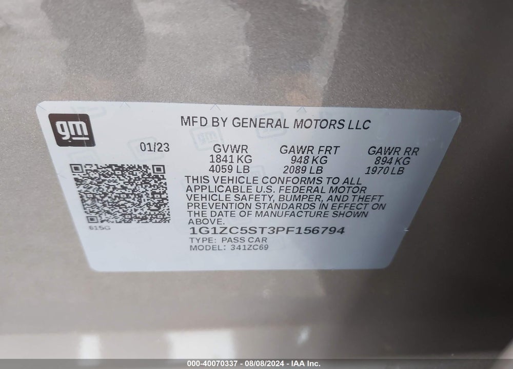 2023 CHEVROLET MALIBU FWD 1FL VIN: 1G1ZC5ST3PF156794