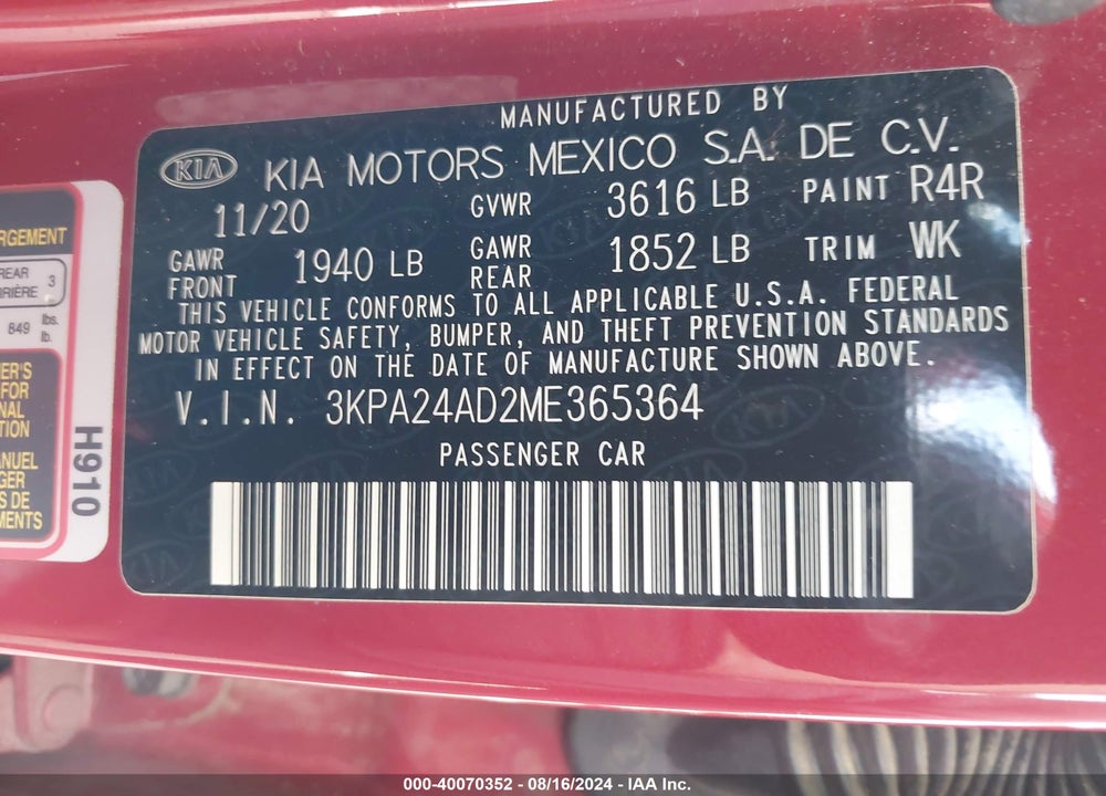 2021 KIA RIO S VIN: 3KPA24AD2ME365364