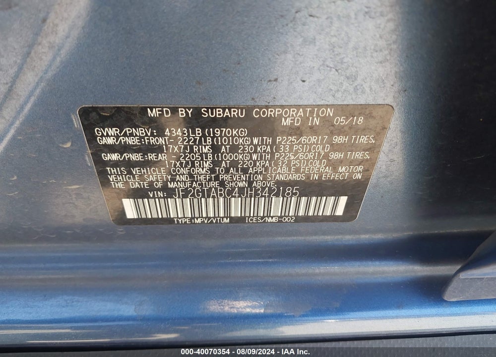 2018 SUBARU CROSSTREK 2.0I PREMIUM VIN: JF2GTABC4JH342185