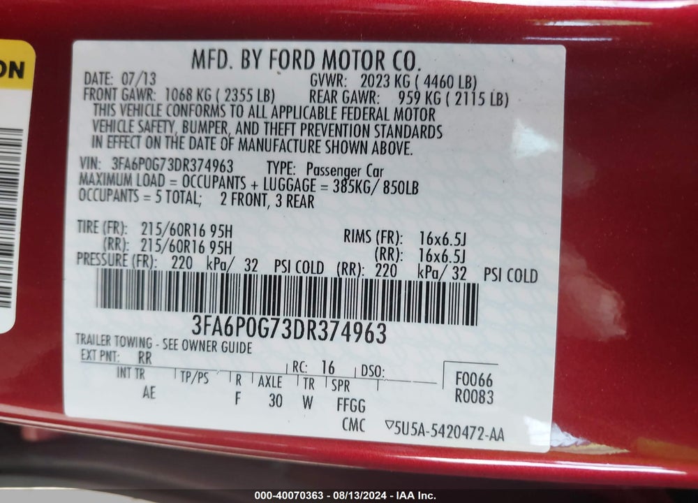 2013 FORD FUSION S VIN: 3FA6P0G73DR374963