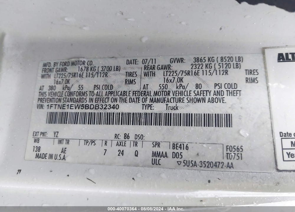 2011 FORD E-150 COMMERCIAL VIN: 1FTNE1EW5BDB32340
