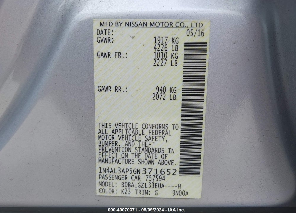 2016 NISSAN ALTIMA VIN: 1N4AL3AP5GN371652