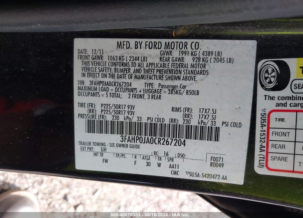 2012 FORD FUSION SEL VIN: 3FAHP0JA0CR267204