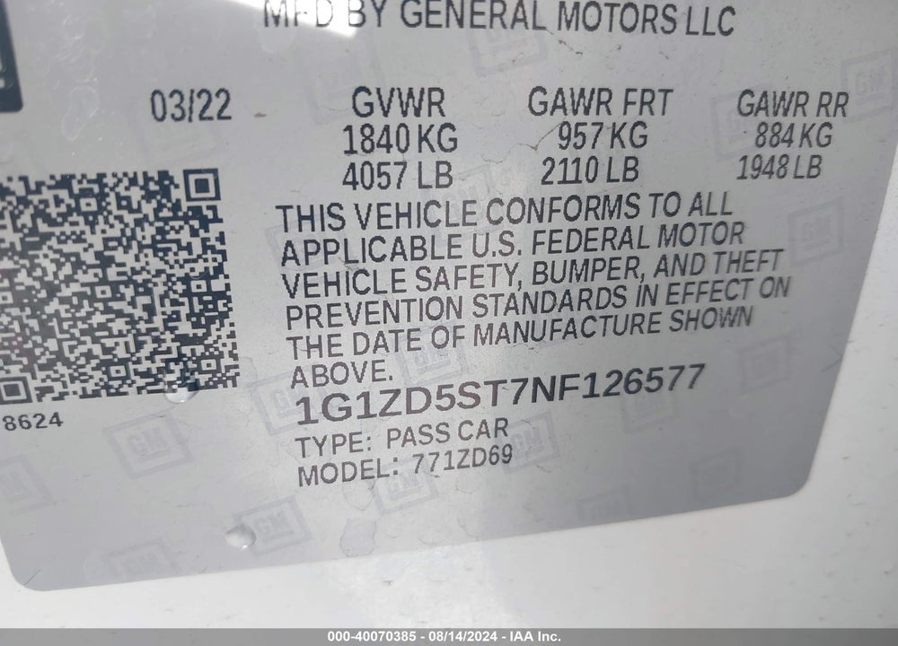 2022 CHEVROLET MALIBU FWD LT VIN: 1G1ZD5ST7NF126577