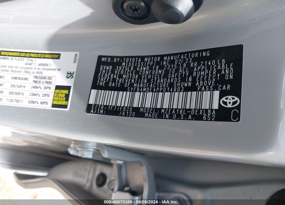 2023 TOYOTA COROLLA LE VIN: 5YFB4MDE4PP014803
