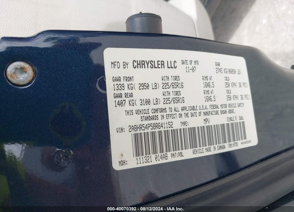 2008 CHRYSLER TOWN & COUNTRY TOURING VIN: 2A8HR54P58R641152
