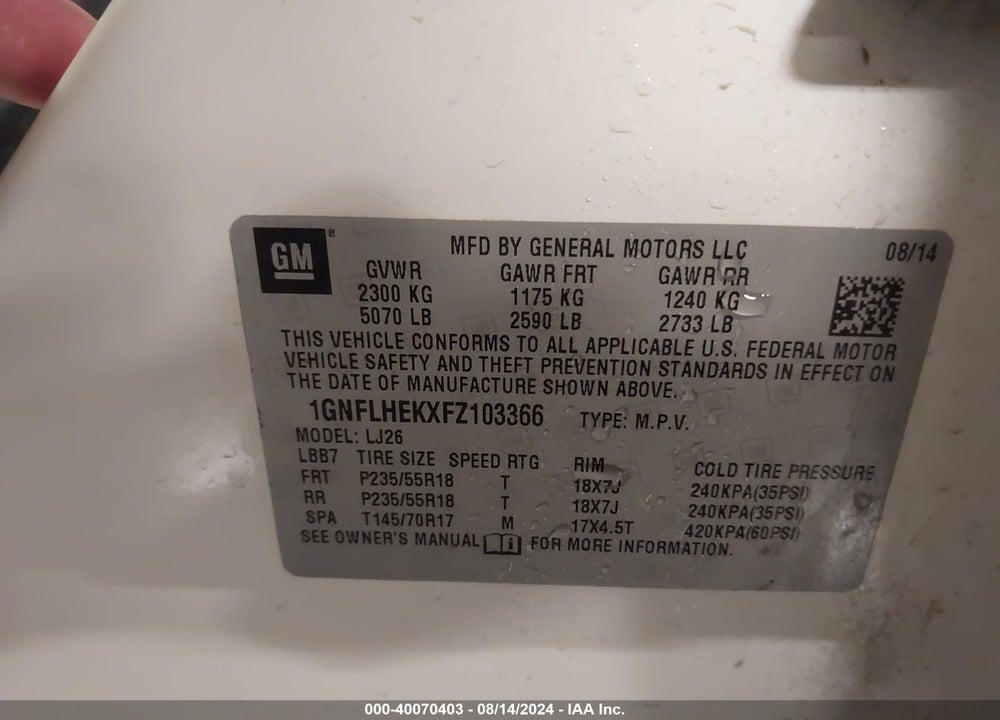 2015 CHEVROLET EQUINOX LTZ VIN: 1GNFLHEKXFZ103366