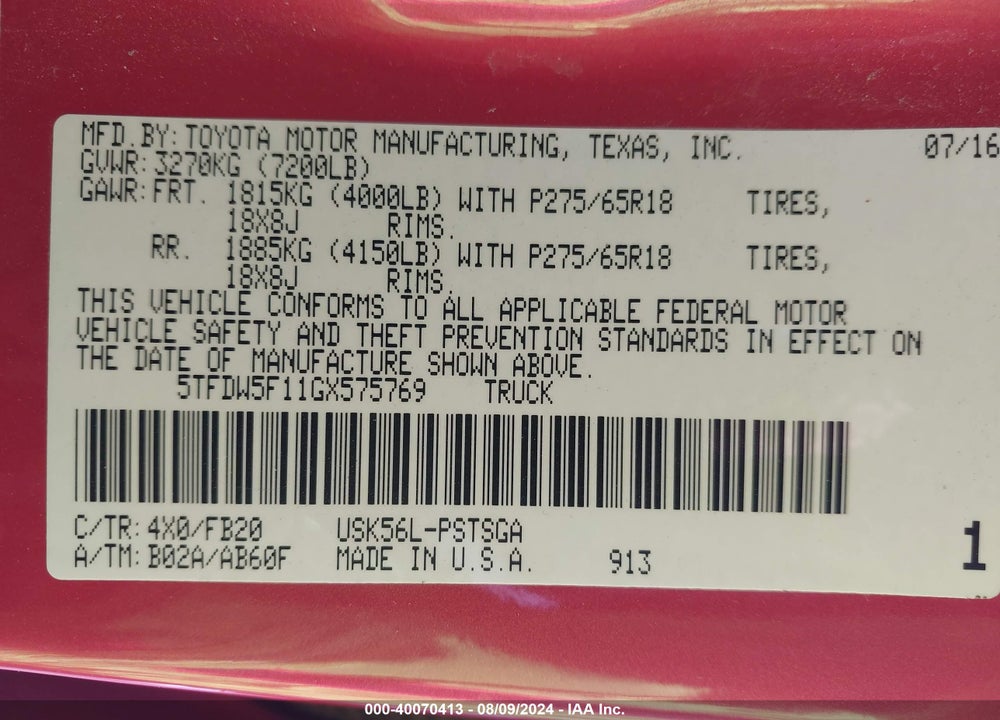 2016 TOYOTA TUNDRA SR5 5.7L V8 VIN: 5TFDW5F11GX575769