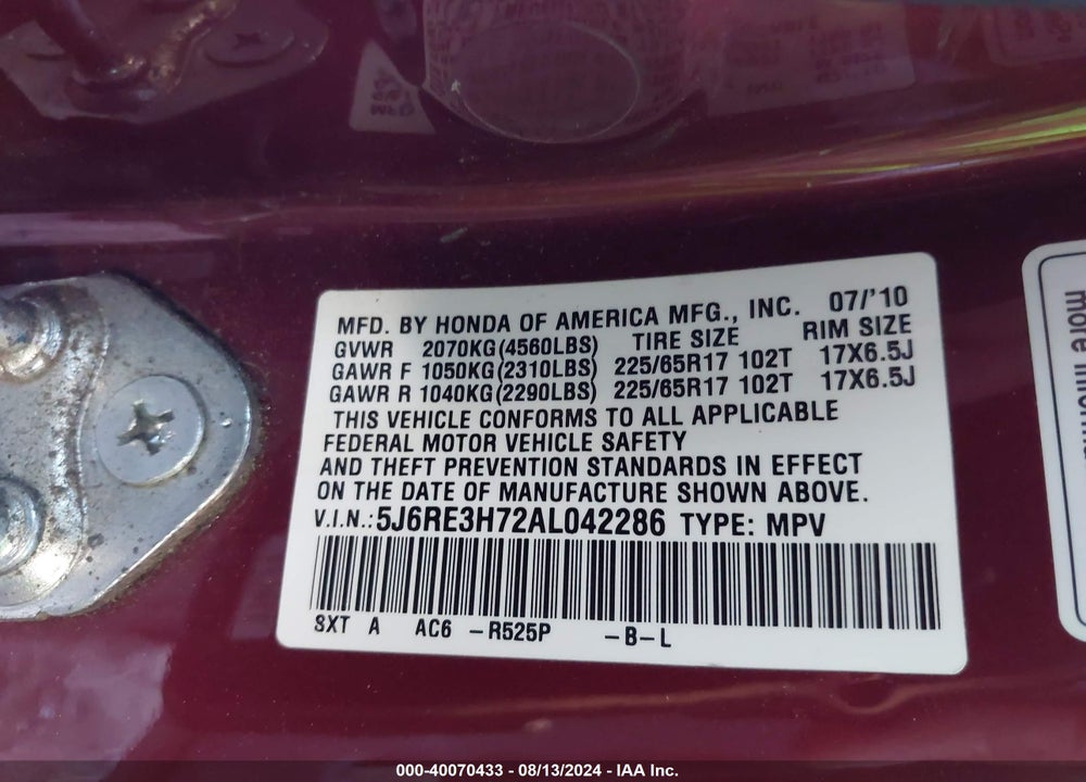 2010 HONDA CR-V EX-L VIN: 5J6RE3H72AL042286