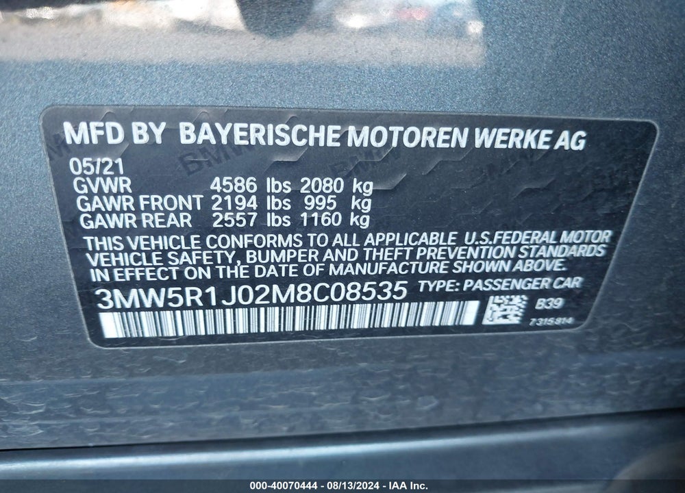 2021 BMW 330I VIN: 3MW5R1J02M8C08535