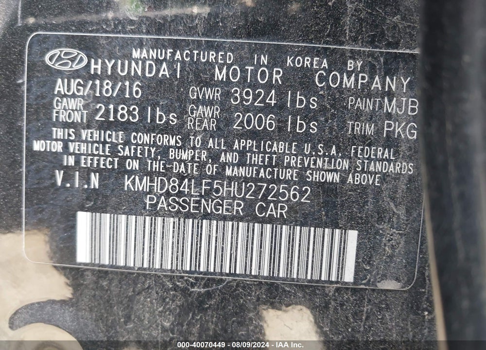 2017 HYUNDAI ELANTRA SE VIN: KMHD84LFSHU272562