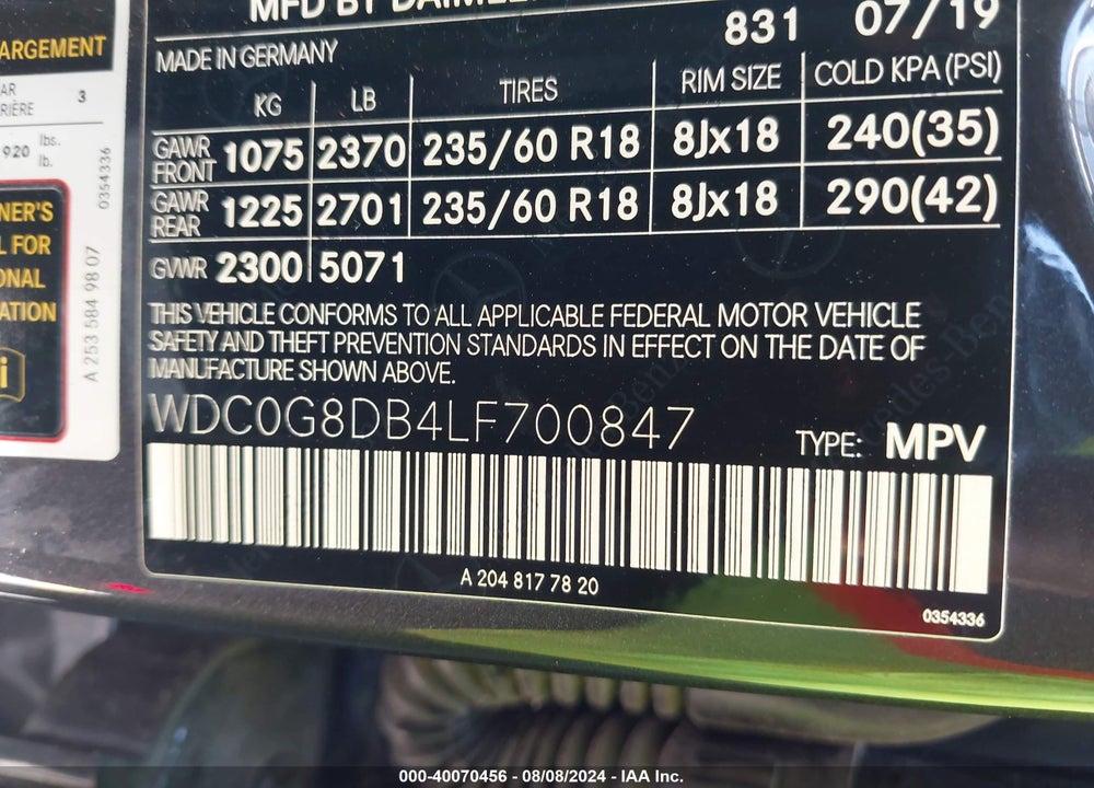 2020 MERCEDES-BENZ GLC 300 VIN: WDC0G8DB4LF700847