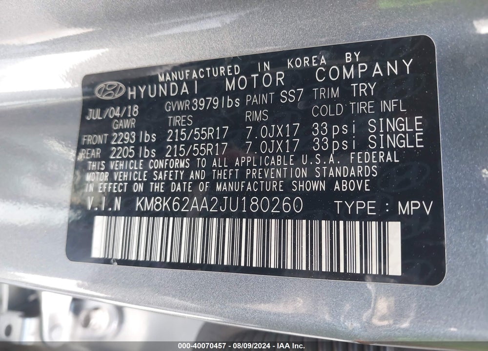 2018 HYUNDAI KONA SEL VIN: KM8K62AA2JU180260