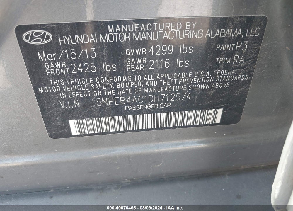 2013 HYUNDAI SONATA GLS VIN: 5NPEB4AC1DH712574