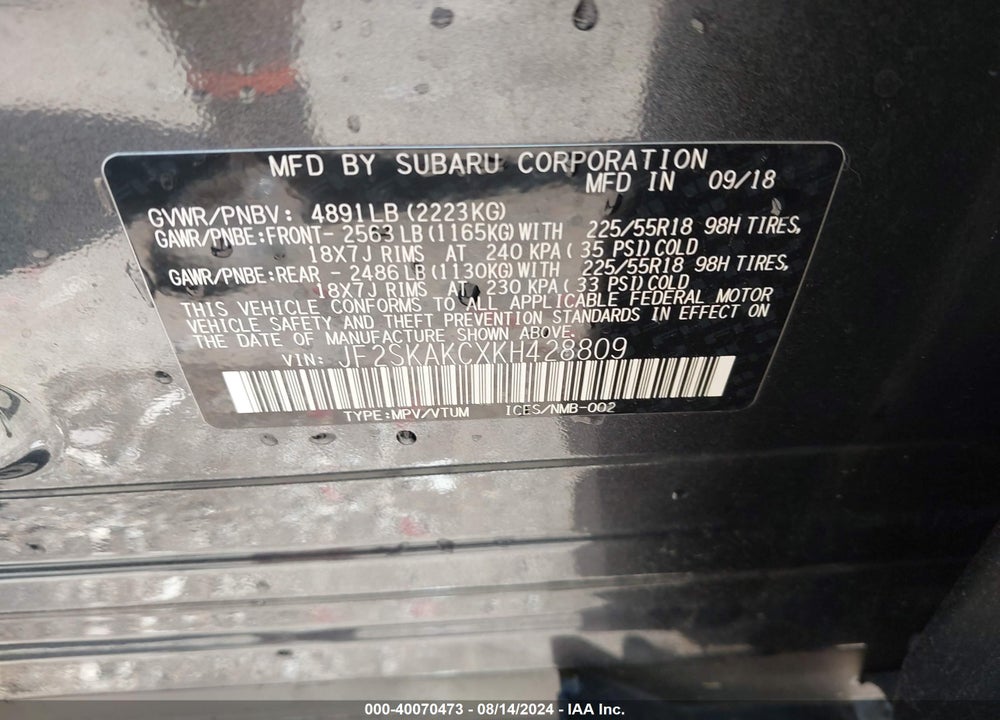 2019 SUBARU FORESTER SPORT VIN: JF2SKAKCXKH428809